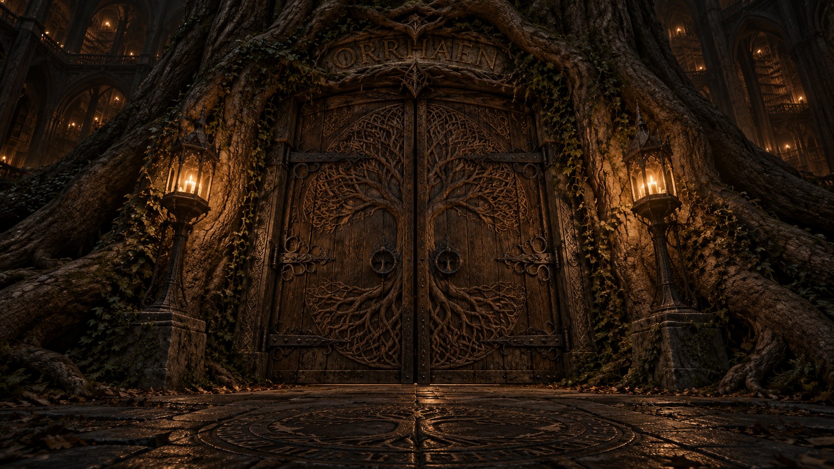A great carved door set into the trunk of an ancient tree, the name Orrhaen cut into the wood above it, a lit lantern on either side.