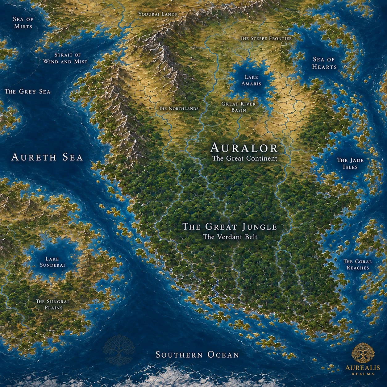 Map of Auralor, the Great Continent of Orrhaen, with the Great Jungle and the Verdant Belt in the south, surrounded by the Aureth Sea and the Southern Ocean.